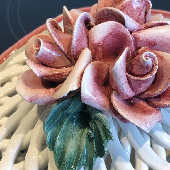 Vintage Italian Ceramic Reticulated Covered Dish  Pink/White - Picture 8 of 14